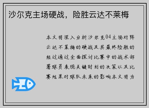 沙尔克主场硬战，险胜云达不莱梅