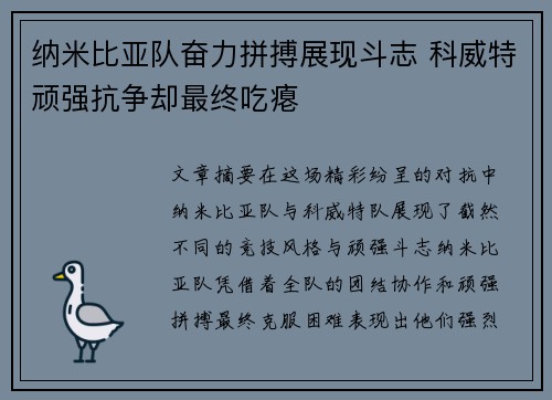 纳米比亚队奋力拼搏展现斗志 科威特顽强抗争却最终吃瘪