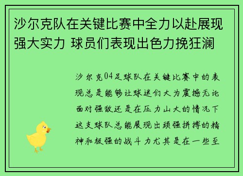 沙尔克队在关键比赛中全力以赴展现强大实力 球员们表现出色力挽狂澜